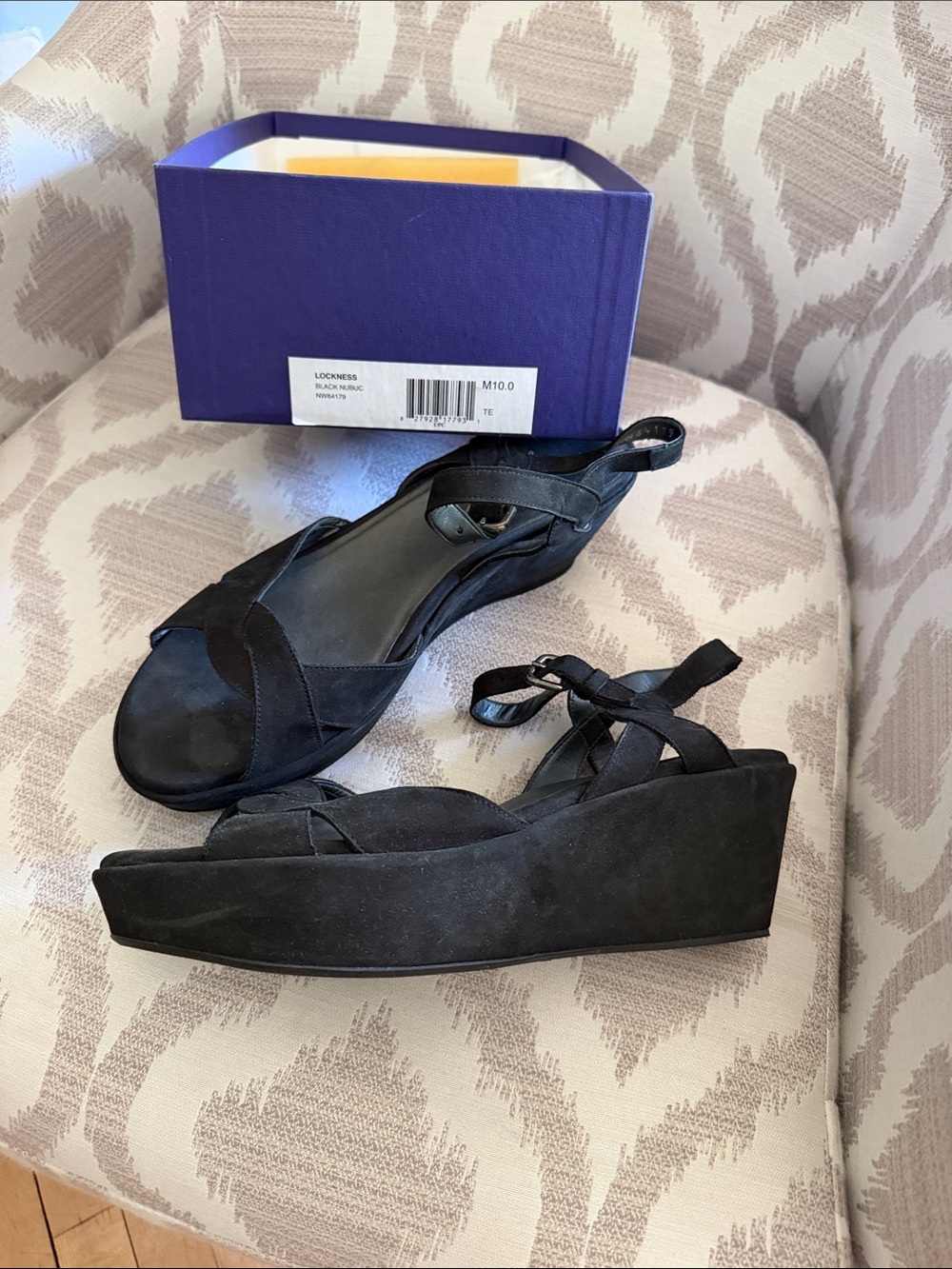Stuart Weitzman Black Suede Wedge Sandals with Ankle Tie